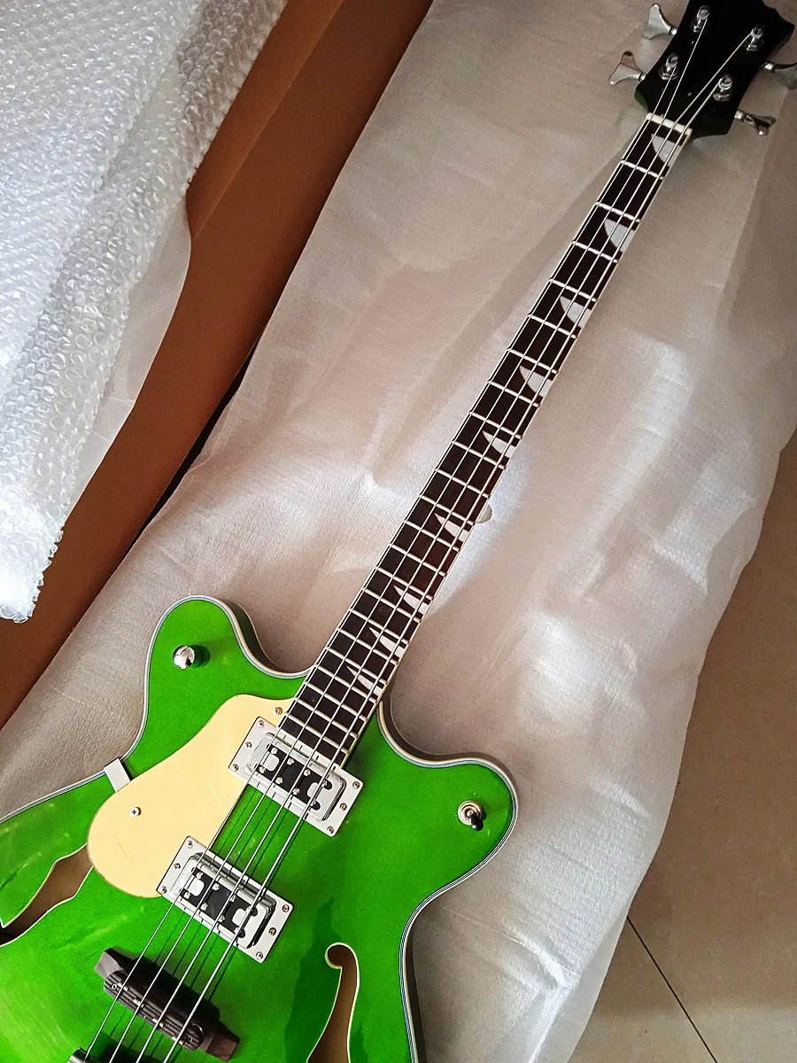 Basse gaucher 4 cordes Vintag Green gloss Semi-Hollow HH Pickups Guitare électrique