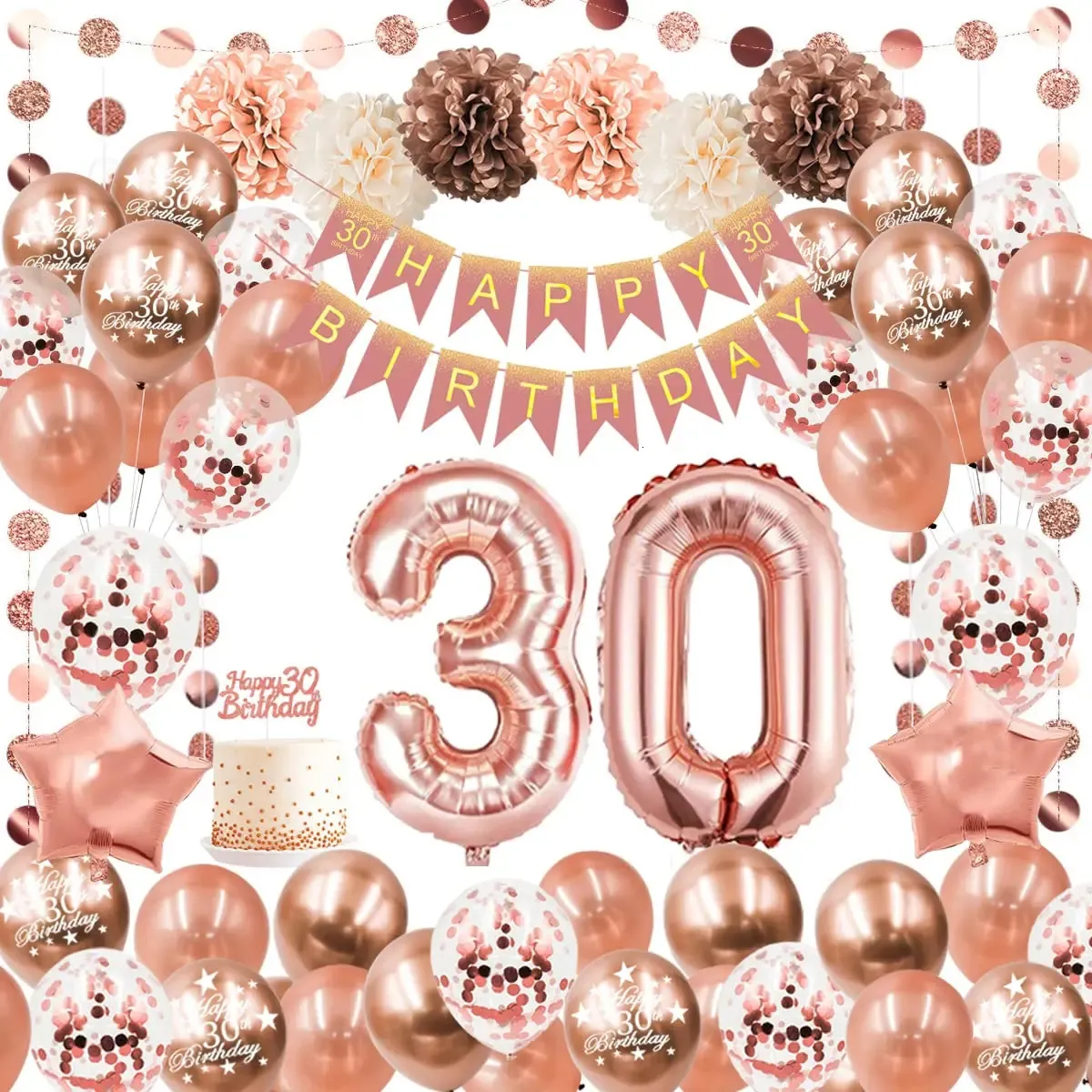 30 ° 40 ° 50 ° compleanno Decorazioni per le donne Oro rosa Happy 30 Stampato Topper Topper Paper Pom Poms Banner 231227