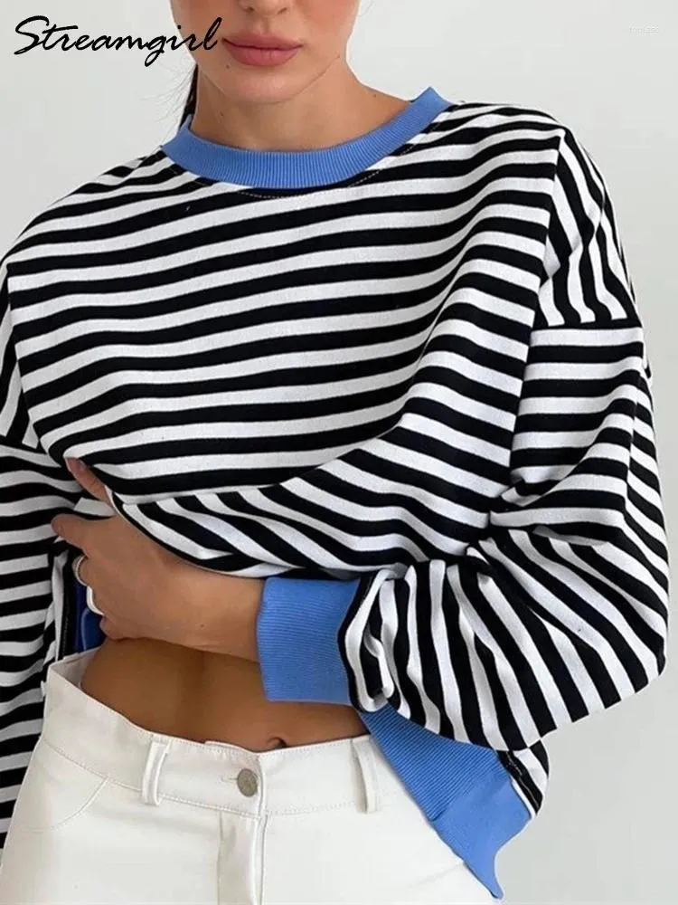 Women's Hoodies Loose Black And White Striped Sweatshirts Women Spring Pullovers Long Sleeve Thin Stripe T Shirts Oversize