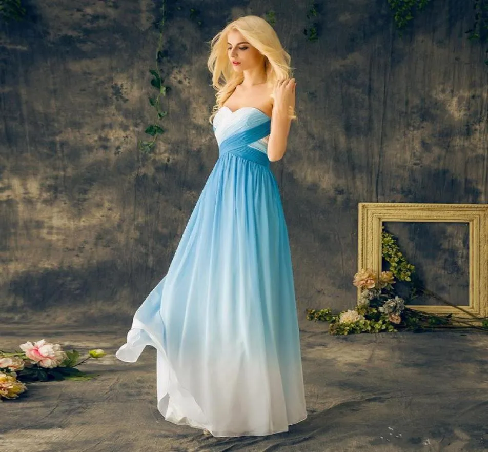 2019 Blue Ombre Prom Dresses Sweetheart Chiffon spetsar tillbaka lång golvlängd Gradient Evening Party Dresses Graduation Gowns CUS3498274