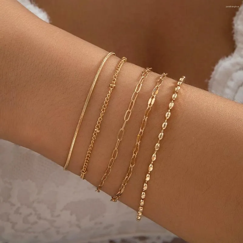 Link Bracelets Retro Hollow Cross Chain Bead Bracelet Women's 2024 Multi Layered Simple Gold Color Metal Girl Fashion Jewelry Set