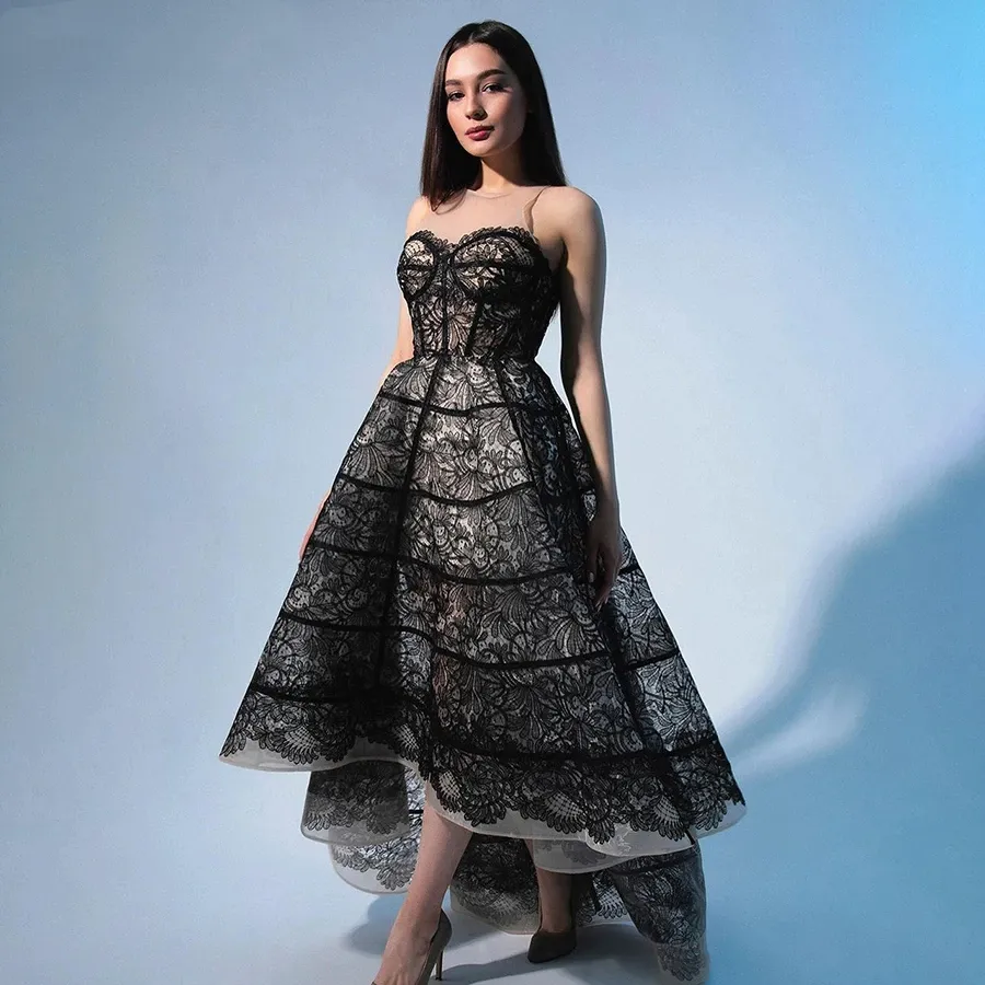knee length dresses for ladies A-Line Sweetheart Neck Black Lace Long Prom Dress Formal Dress PSK395 US10 / Custom Color main image 1
