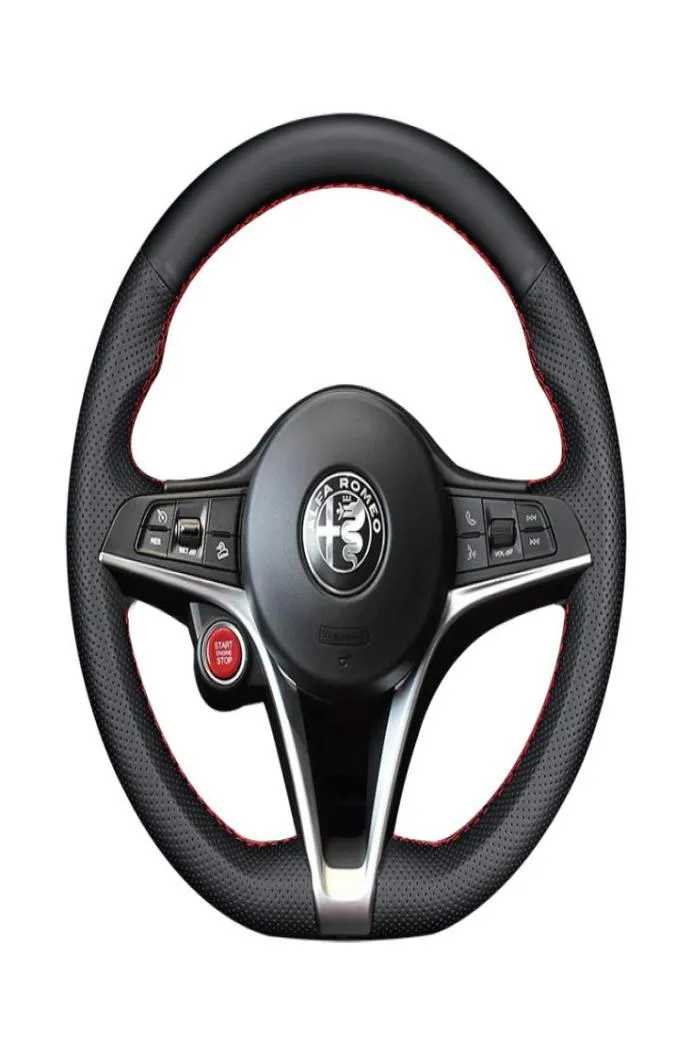 Housse de poignée de volant cousue à la main, en cuir noir, pour Alfa Stelvio Giulia, DIY, 6592612