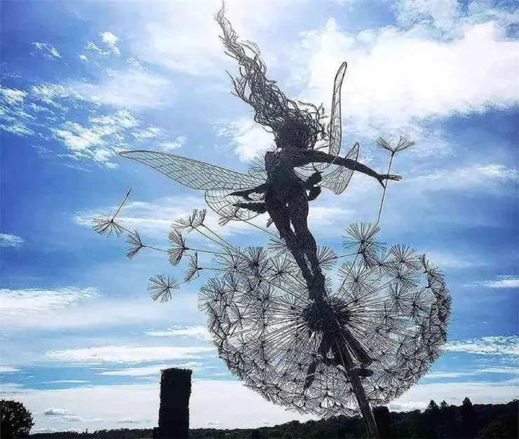 庭の装飾的なステークの妖精とタンポポは一緒に踊り、金属ヤードアート装飾芝生の風景彫刻の装飾2109118028454