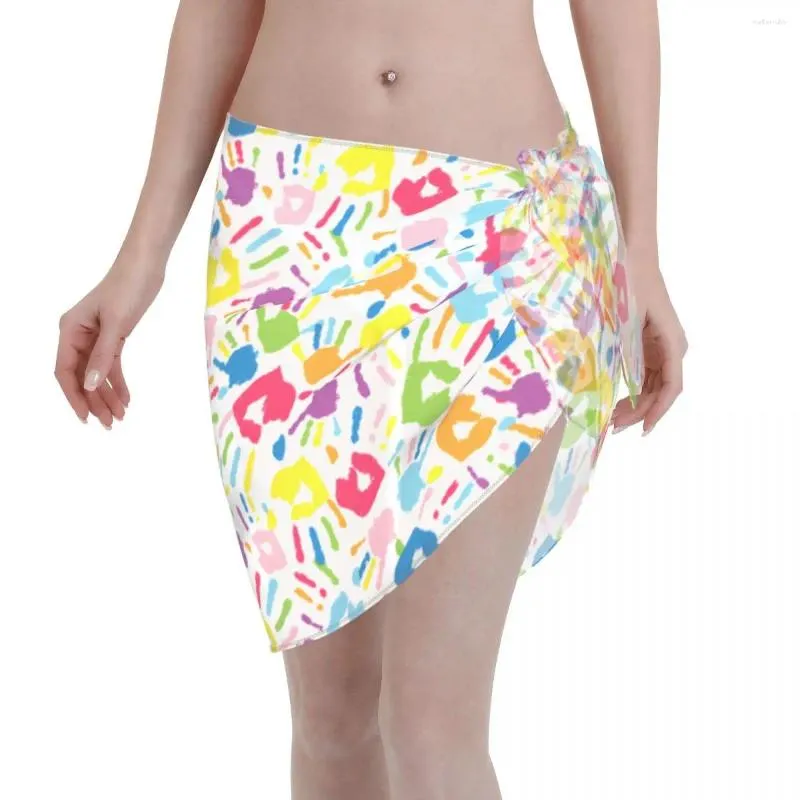 Women's Swimwear Colorful Joyful Funny Hand Print Women Cover Up Wrap Chiffon Pareo Sarong Beachwear Bikini Ups Skirts Swimsuits