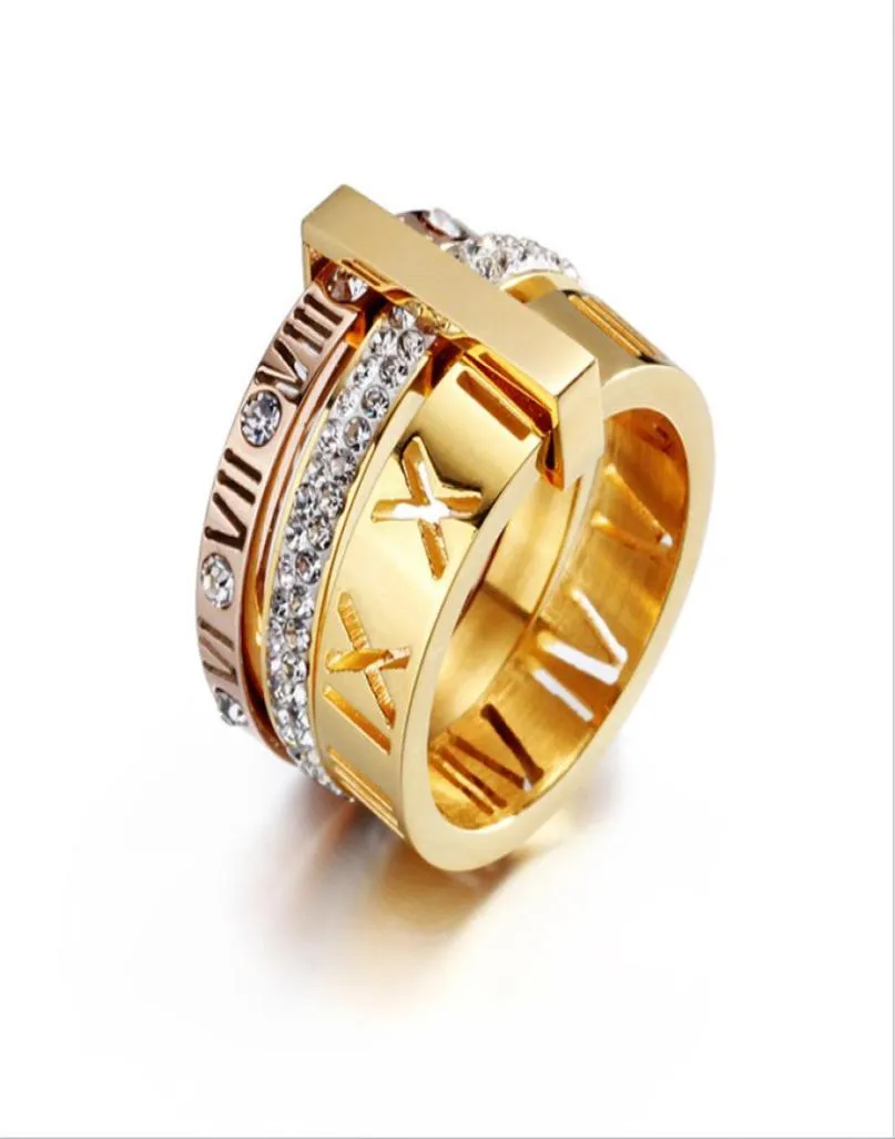 2021 Luxury Mens Bijoux Love Ring Designs Unisexe en acier inoxydable Trois cercle Roman Numerals Blancs Diamond Rings Femmes Rose Gol1714819