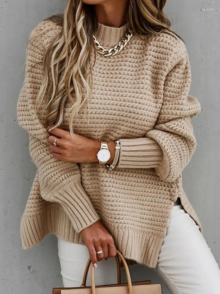 Pulls aux chandails Femmes 2023 Automne Winter Solid Balloon Sleeves Semi-Turtleneck Street Hipster Side Split Trécheur Vêtements