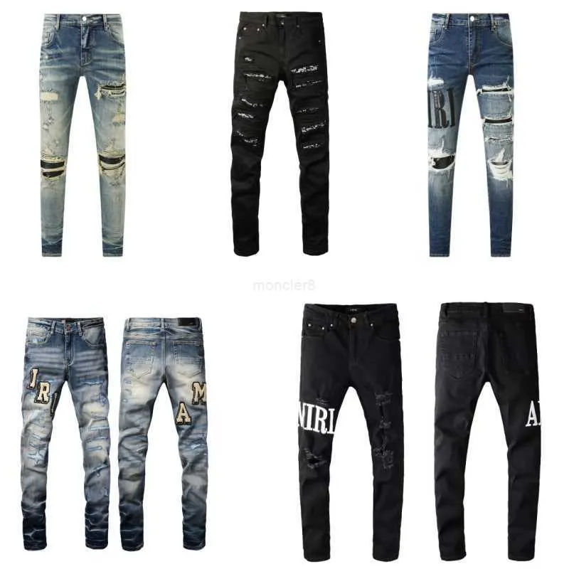 Jeans masculinos Amirs jeans designer jeans roxo High Street Hole Star Patch Homens mulheres amirs estrela bordado painel calças estiramento calças slim-fit calças 68oo