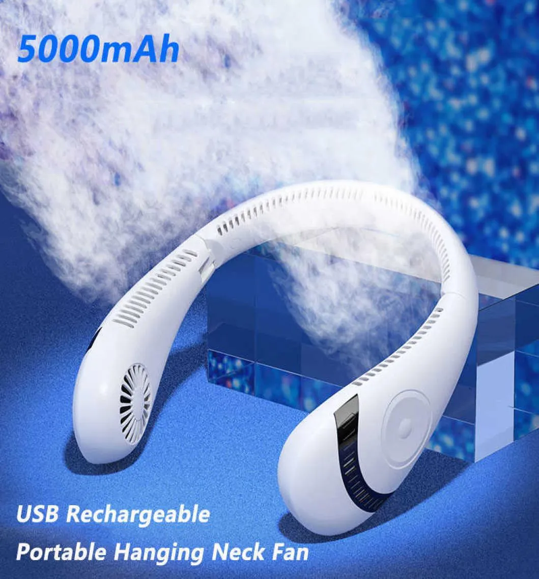 Elektriska fläktar Portable 5000mAh Hanging Neck Fan Foldbar Summer Air Cooling USB uppladdningsbar Bladeless Mute Neckband Fans Outdoor 9853980