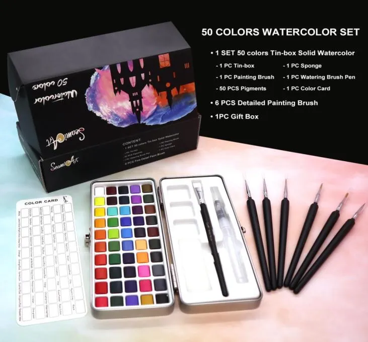 Painting Supplies SeamiArt 50Color Solid Watercolor Paint Set Portable Metal Box Watercolor Pigment for Beginner Drawing Watercolo9990923