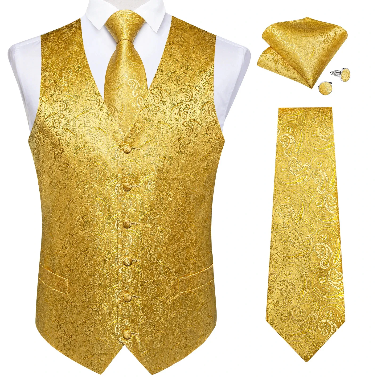 Luxo paisley ouro colete para homem formal amarelo sólido colete de seda gravata bolso quadrado casamento negócios chaleco hombre 231227