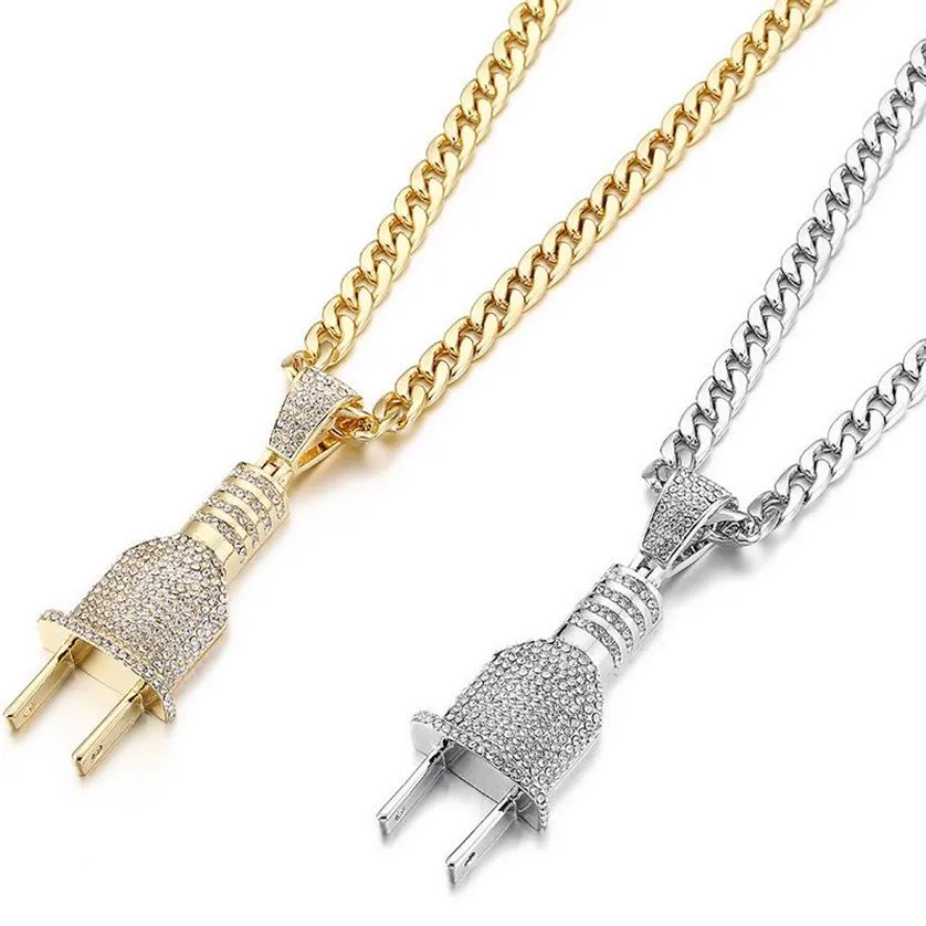 Fashion Bling Bling Electrical Plug Shape Iced Out Pendants Necklaces Charm Chains Gold Silver Color Men Women Hip Hop Jewelry254T