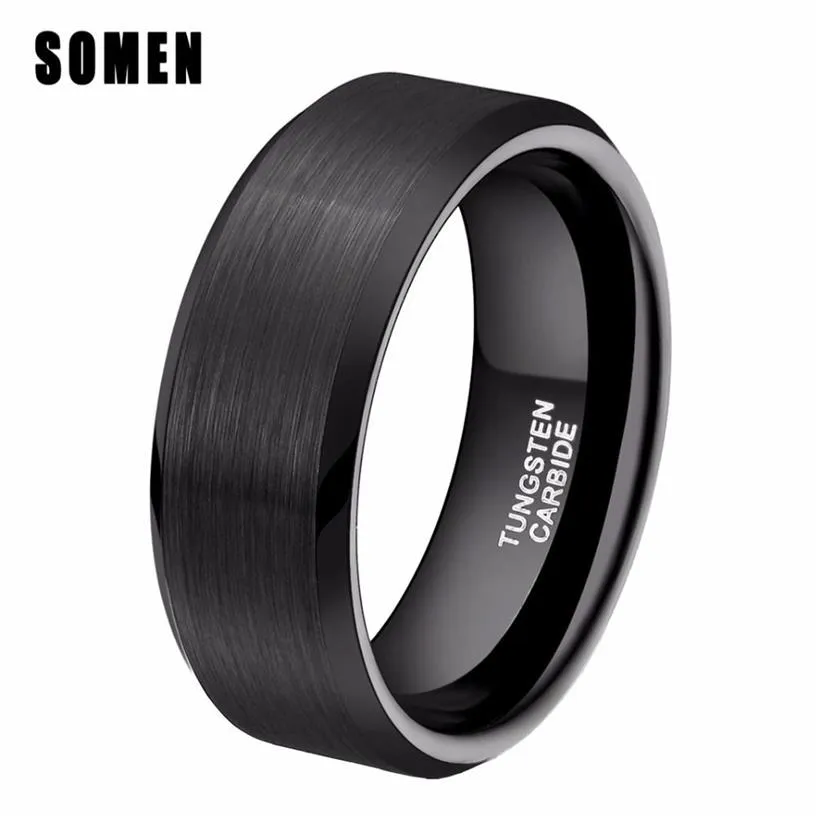 Somen Ring Mannen Klassiek 8mm Puur Zwart Wolfraam Ring Geborsteld Afgewerkt Trouwring Trendy Mannelijke Sieraden Engagement Liefde Ring Bague J256L