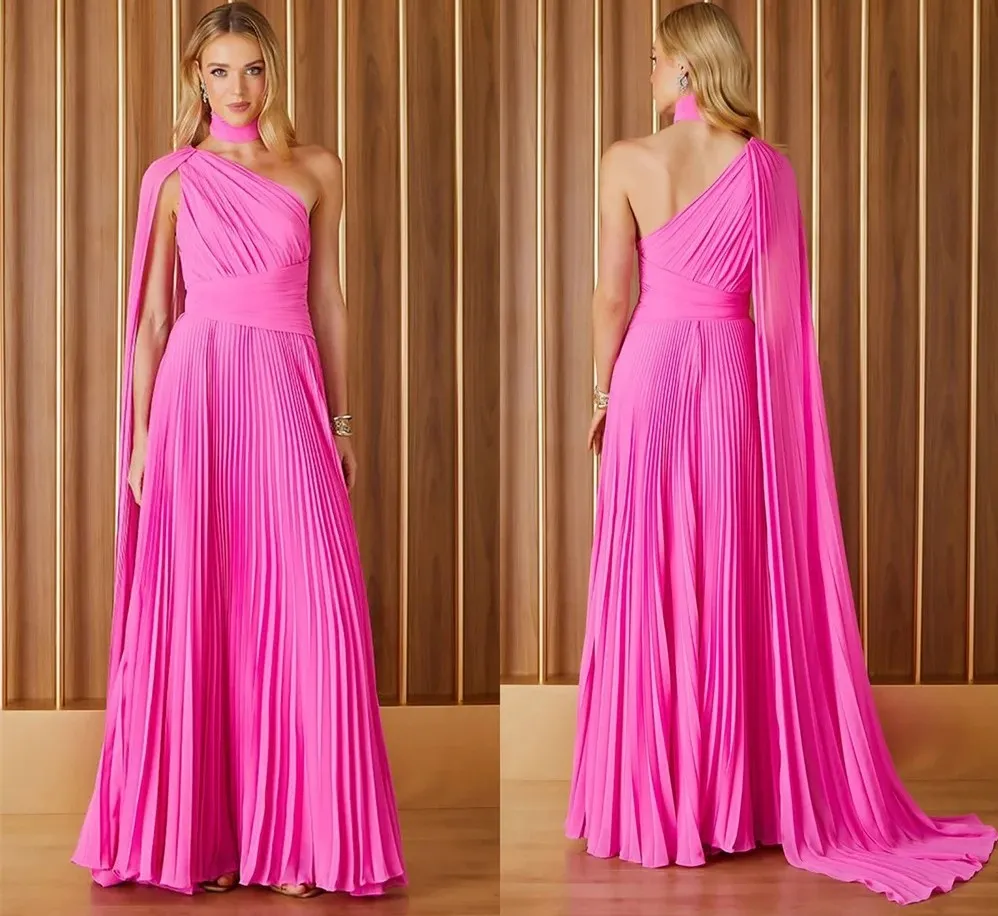 Hot Pink A-line Prom Birthday Dress 2024 Cap Sleeves High Neck Pleated A-line Chiffon Evening Formal Party Gowns Vestido De Feast Robe De Soiree