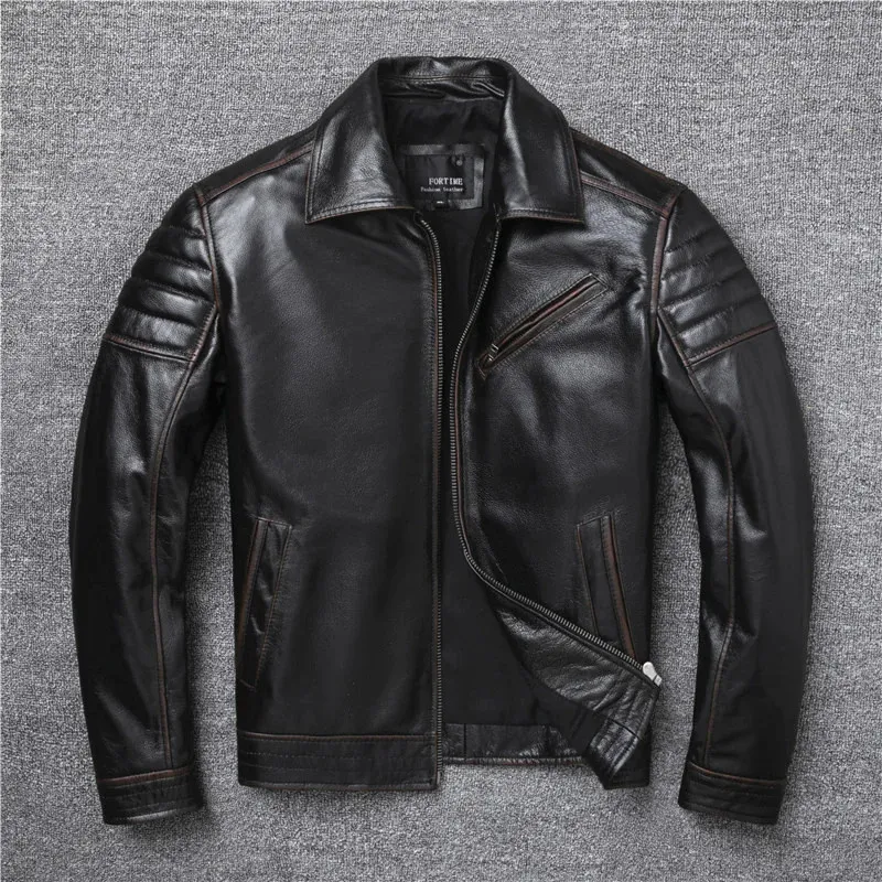 Bordatura stile Marrone Giacca vintage in vera pelle da uomo Pelle bovina Slim Fashion Giacche da motociclista Abbigliamento Big Size S-5XL 231228
