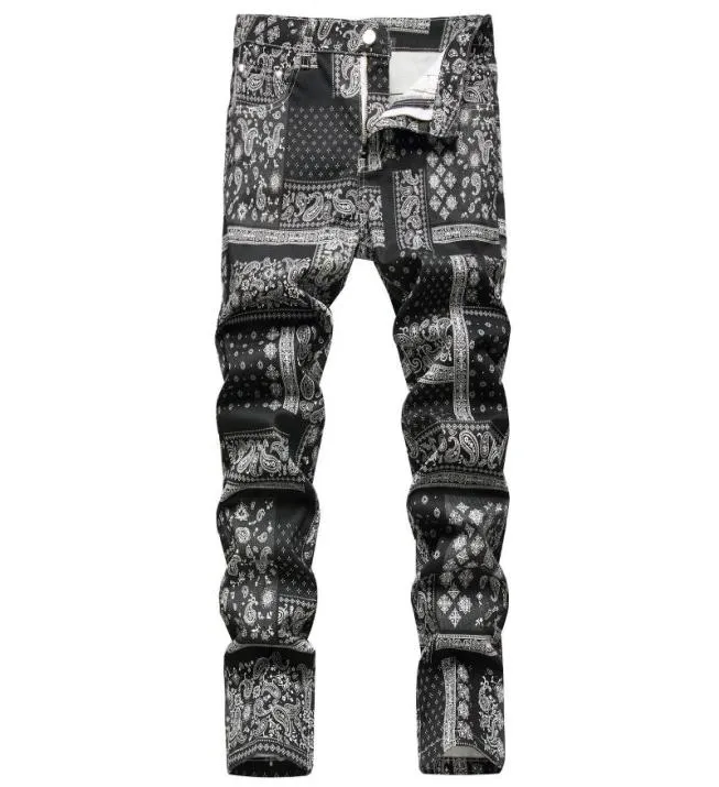 Men039s Jeans Men Paisley Bandanna Printed Fashion 3D Digital Painted Stretch Denim Pants Slim Straight Black Trousers7395046