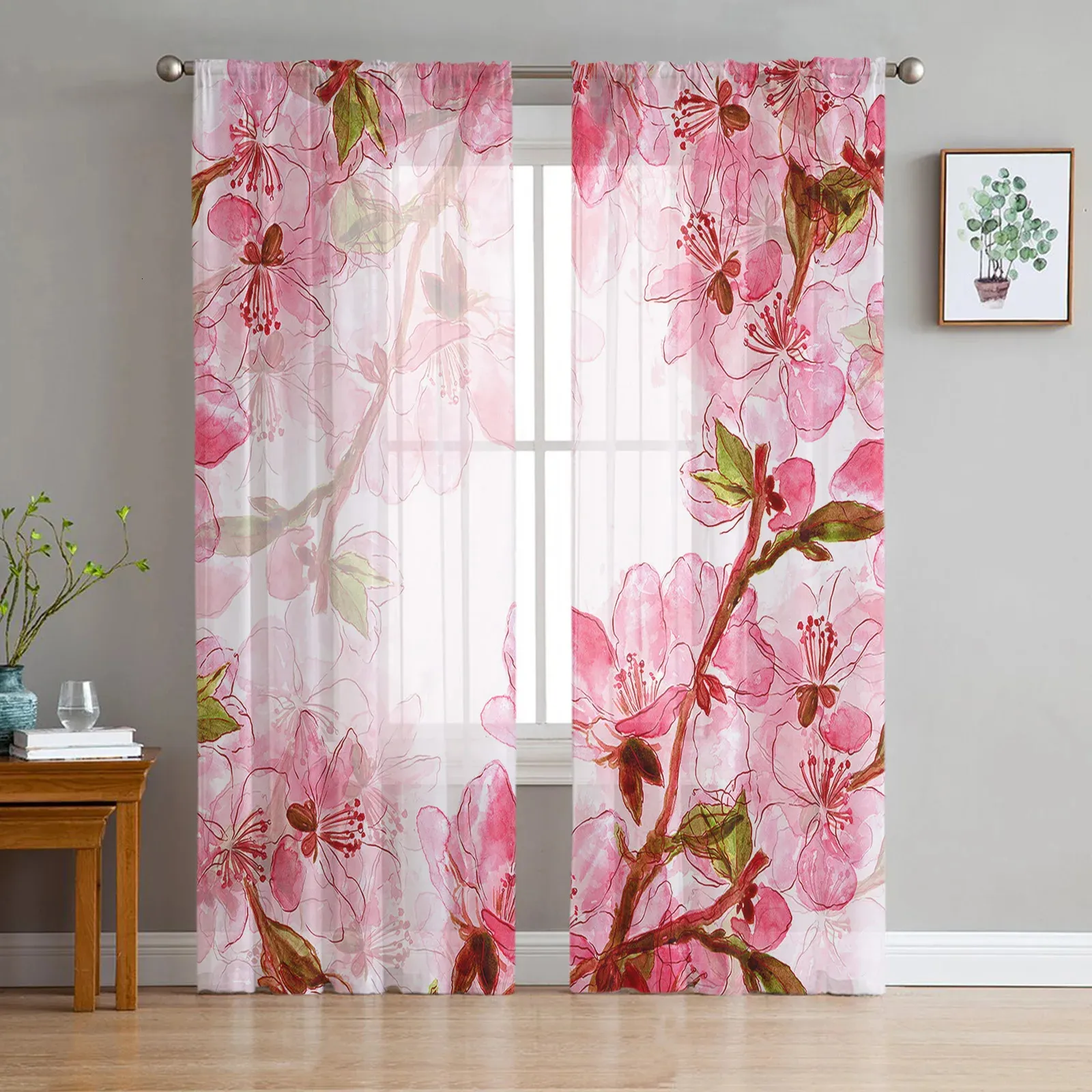 Brown Wood Door Green Pot Red Flowers Voile Sheer Curtains Living Room Window Tulle Curtain Kitchen Bedroom Drapes Home Decor 231227