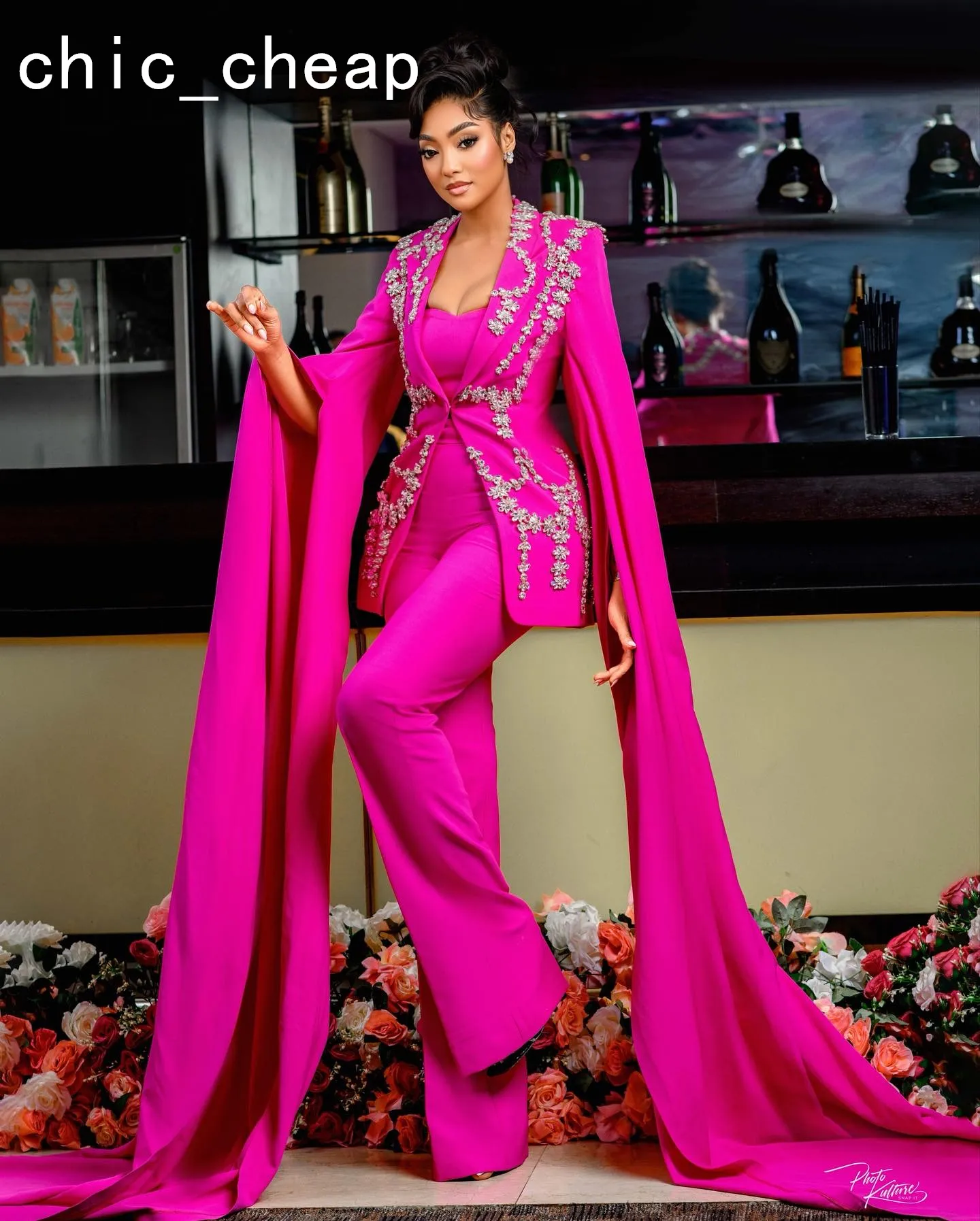 Aso Ebi Fuchsia Satin Evening Jumpsuit with Crystal Beaded