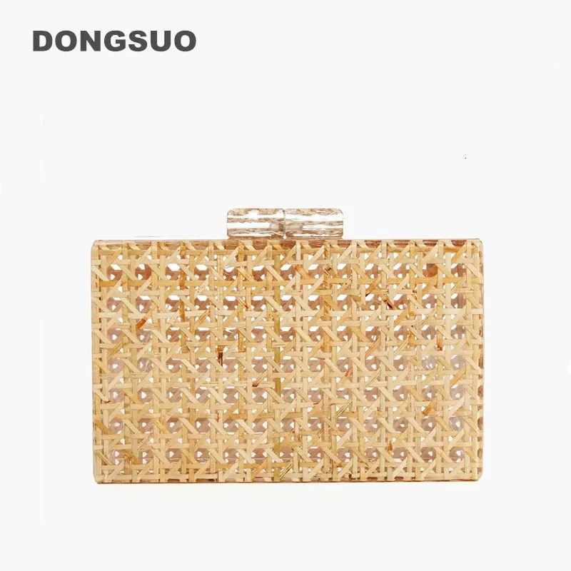 Women Rattan Acrylic Box Bag Evening Crochet Clutch Bag For Wedding Party Purses Summer Wicker Handväskor Designer Högkvalitativ 231227