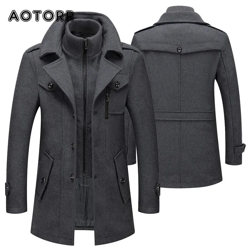 Automne hiver hommes laine trench manteaux mode moyenne longue veste mâle double col fermeture éclair manteau coupe-vent laine pardessus 4XL 231227