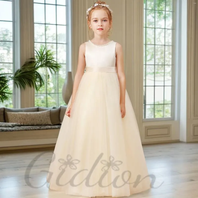 Flickaklänningar Satin/Tulle Flowle Dress Wedding Ceremony Födelsedag Kvällsfest Junior Bridesmaid Ball Pageant Bankett för barn