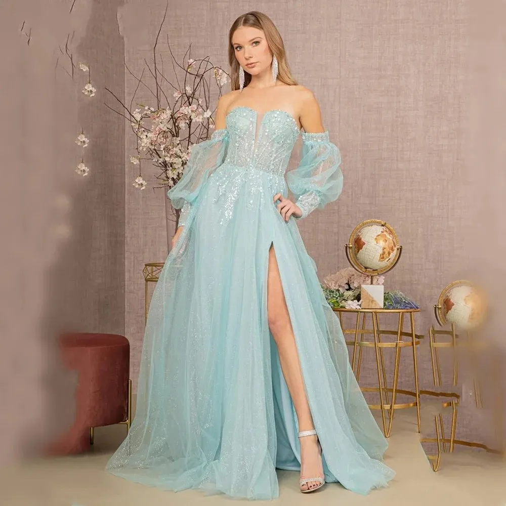 Baby Blue A-line Prom Dress 2024 Sweet Puffy Sleeve Embroidery Lace Beads Silt Tulle Evening Formal Party Gowns Vestido De Fieast Robe De Soiree Customed