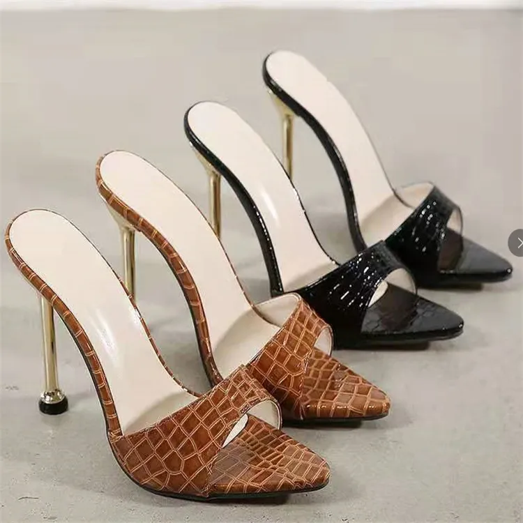 2024 New Sexy Pointed Stilettos High Heels Summer Fashion Crocodile Grain Open Toe Slippers Ladies Solid Color Party High Heels Shoes