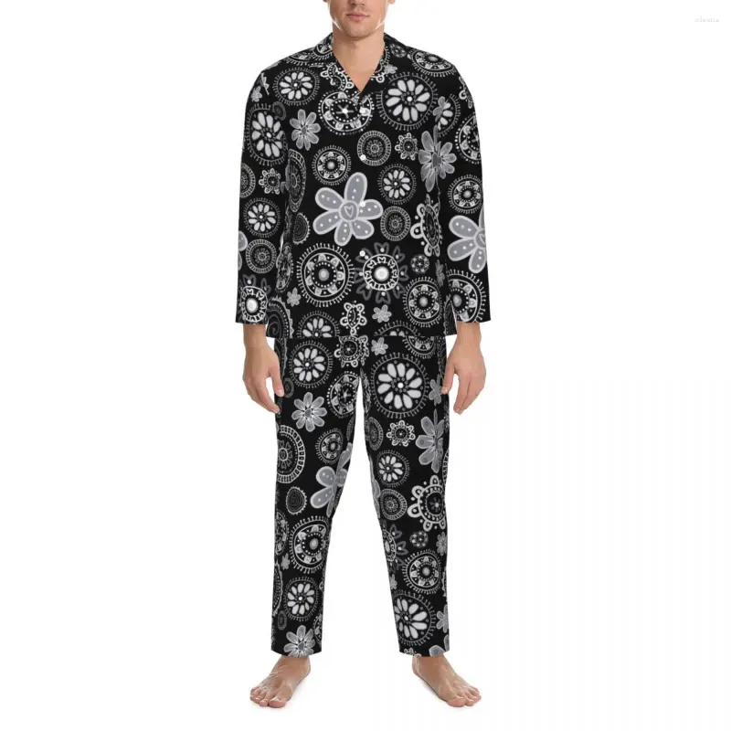 Vêtements de nuit pour hommes Ensemble de pyjama floral à petites fleurs abstraites Printemps Noir Blanc Confortable Quotidien Couple 2 pièces Décontracté Surdimensionné Vêtements de nuit personnalisés