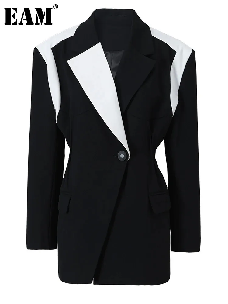 EAM женский черно-белый элегантный пиджак с цветными блоками, куртка с длинными рукавами и лацканами, мода весна-осень 2024 1DF076201 231225