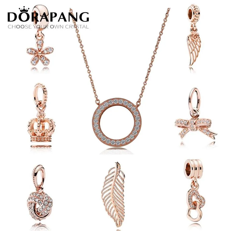 Dorapang Authentic 925 Sterling Gümüş Boncuklar Kristal Kolye Kolye Kalpleri Avrupa Tarzı Takı Gül Altın W208E için Kaplama