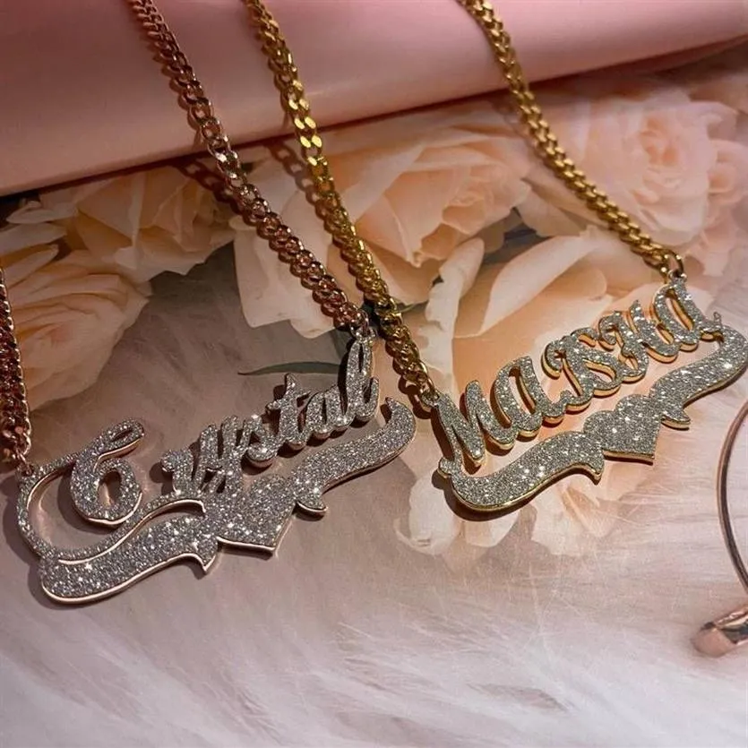 Персонализированное ожерелье с именем на заказ, блестящее золото, кубинская цепочка из нержавеющей стали, колье для женщин, ювелирные изделия, подарок 220722305L