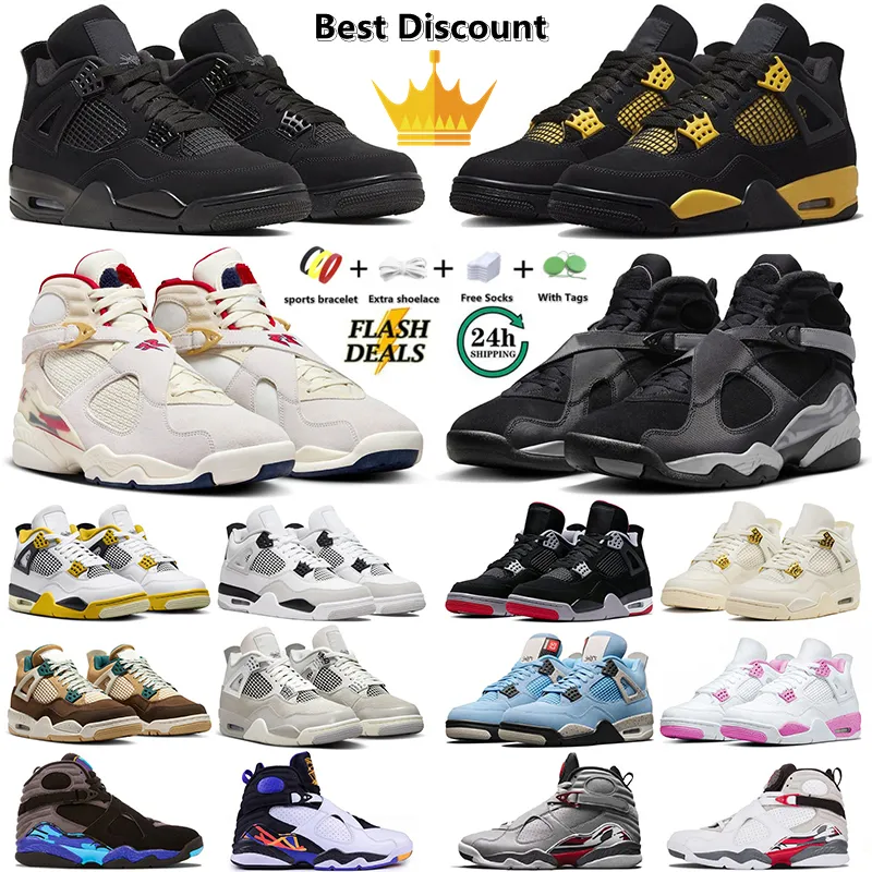 Jumpman 4 8 basketskor 4s 8s Black Cat Thunder Bred Reimagined Olive Frozen Moments Sail Military Black Mi Casa Mens Womens Trainer Sports Sneakers Storlek 36-47