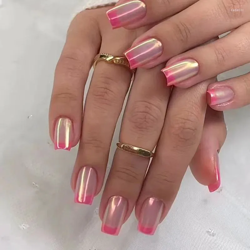 False Nails 3D 가짜 액세서리 프렌치 스퀘어 팁 금속 장미 레드 오로라 색상 가짜 온글 프레스 아크릴 네일 아트 용품