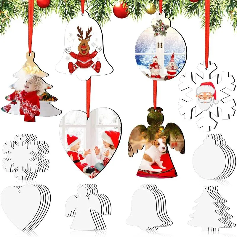 Schlüsselanhänger 30 teile/satz Sublimation Ornament Blank Doppelseitige Weihnachten Personalisierte Anhänger mit rotem Band