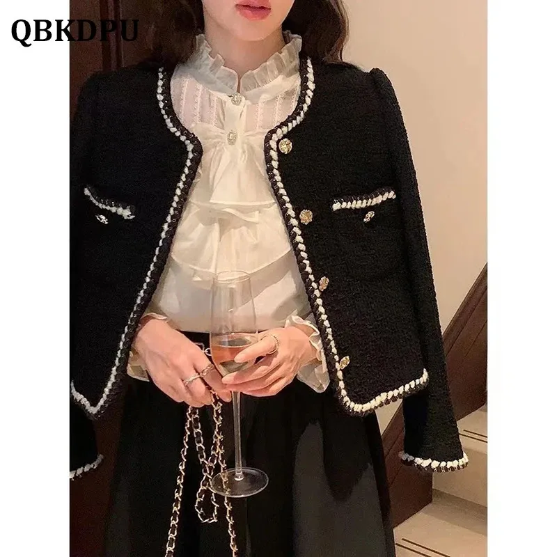 Black Vintage Design Tweed Cropped Jacket Women Spring Korean Fashion Long Sleeve Woolen Coat Elegant Luxury Chaquetas Y2k 231228