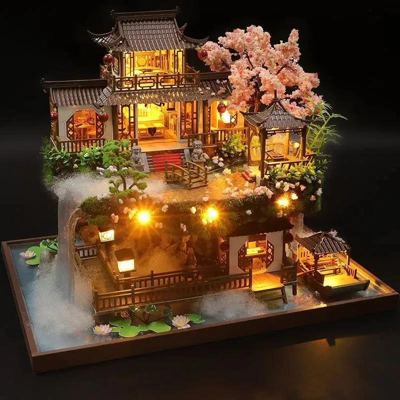 Tillbehör dock hus tillbehör diy trä miniatyr byggnad kit dollhus med möbler kinesiska forntida casa dollhouse handgjorda leksaker f