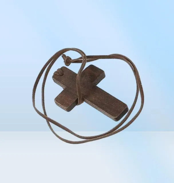 Collana con pendente a croce in legno vintage per donna, uomo, collana in legno massiccio, lunga collana con corda a catena in pelle8230462