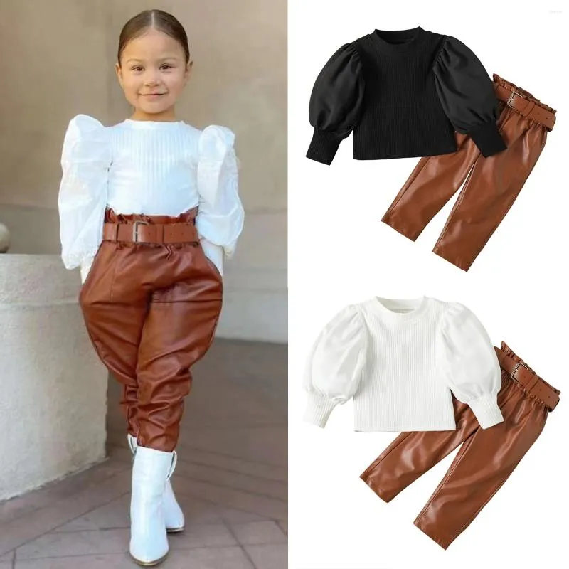 Kledingsets Herfst Peuter Meisjes Elegante set Kinderkleding Baby Bladerdeegmouwen Geribbelde blouse T-shirt PU-leer Lange broek met riem 2 STUKS