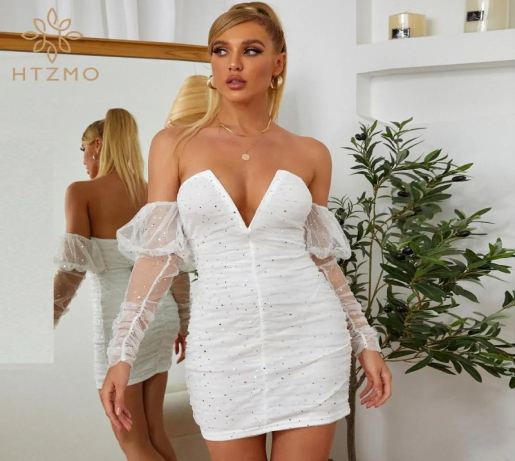 Sukienki swobodne htzmo biała sukienka blasku Summer Deep vneck kropka midi sexy siatka długie puchanie rękawów glitter club kamizelka 5246630