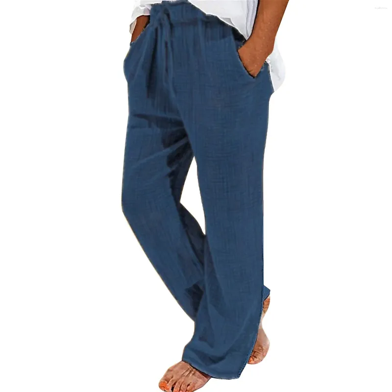 Pantalon pour hommes coton et lin froissé plage avec cordon de serrage taille élastique pour bande antidérapante maison floue hommes