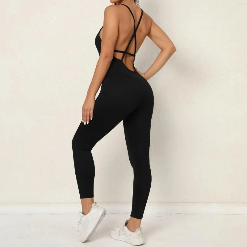 Actieve sets Naadloze zwarte yogaset Dames V-hals Draadloos uitgehold Backless Jumpsuit uit één stuk Workout Mouwloos Hardlopen Fitness Romper