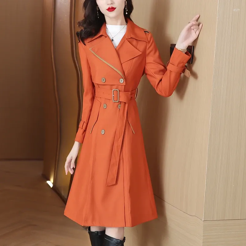 Women's Trench Coats S-4XL 2024 Autumn Spring Orange Double-Breasted Coat Elegant Women Lapel Collar Pockets Belt Office Ladies Outwear