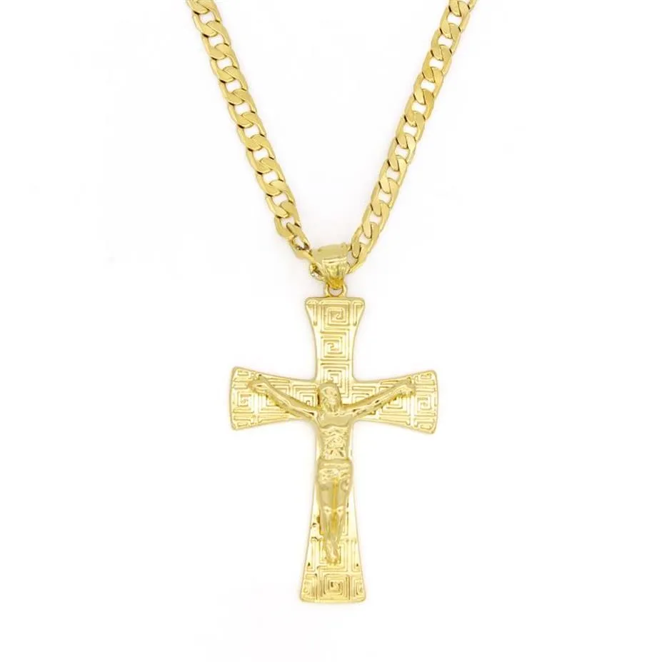 Massiver 10-Karat-Gelbgold-gefüllter Jesus-Charm mit breitem Kreuz, großer Anhänger 55 x 35 mm mit 24 kubanischen Miami-Ketten 600 x 5 mm3201