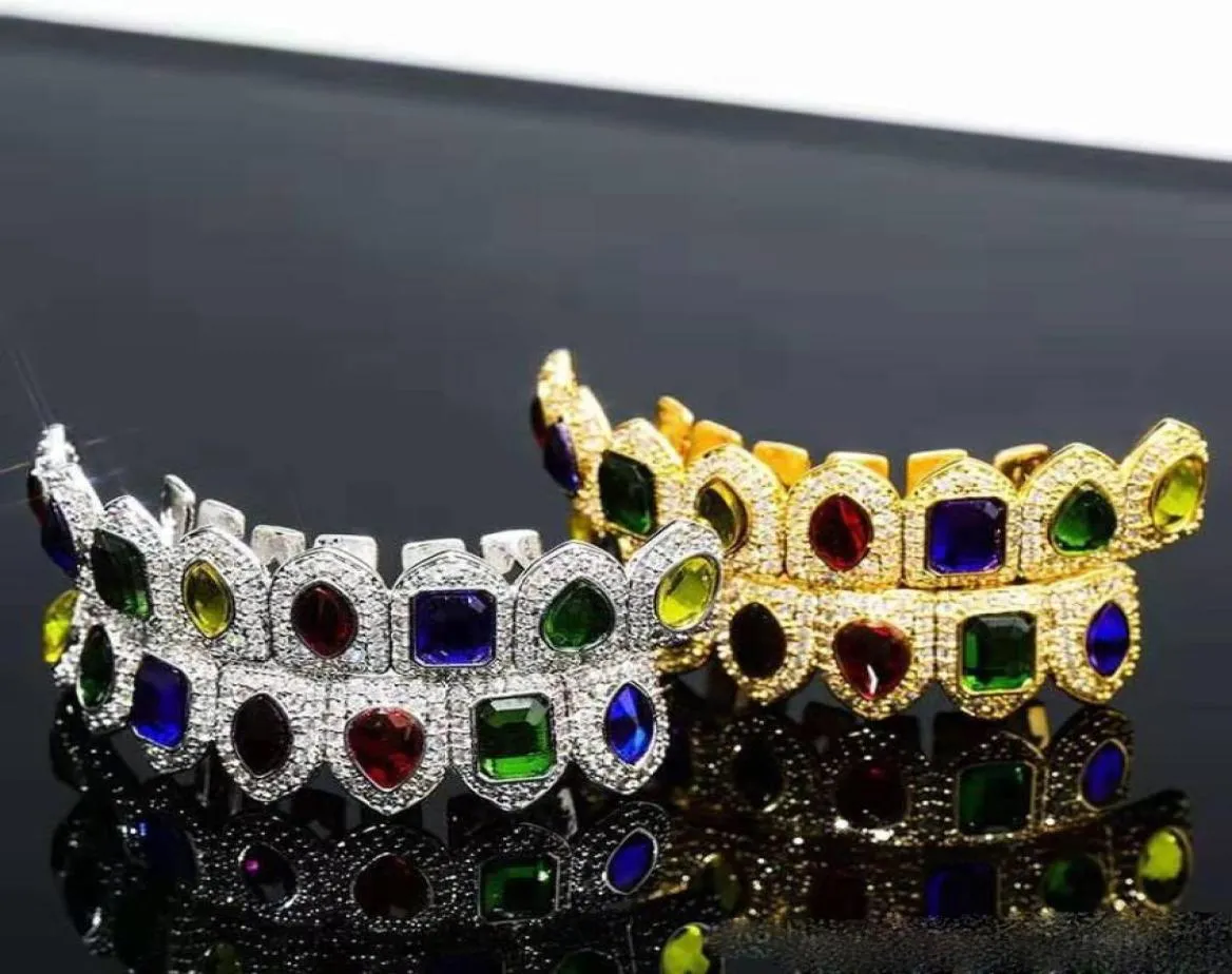 Hip Hop Kolorowe zęby szlachetne Grillz Mężczyźni Kobiety Luksusowy projektant Klejnot Bling Diamentowe grille dentystyczne 18K Gold Copper Gold Gold Silve2251989