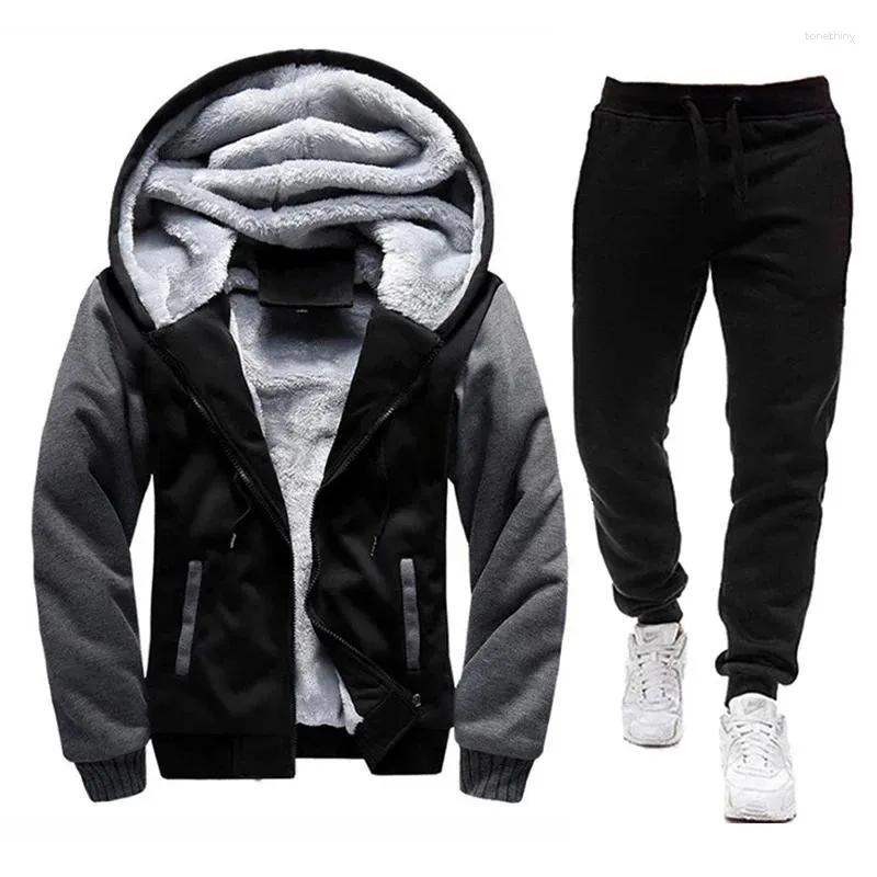 Herrespår Vinterfleece sätter Mens Thick Hoodies Pants Man Hooded Sweatshirt Sportkläder Male Hoodie Sweatsuits Two-Piece Suit