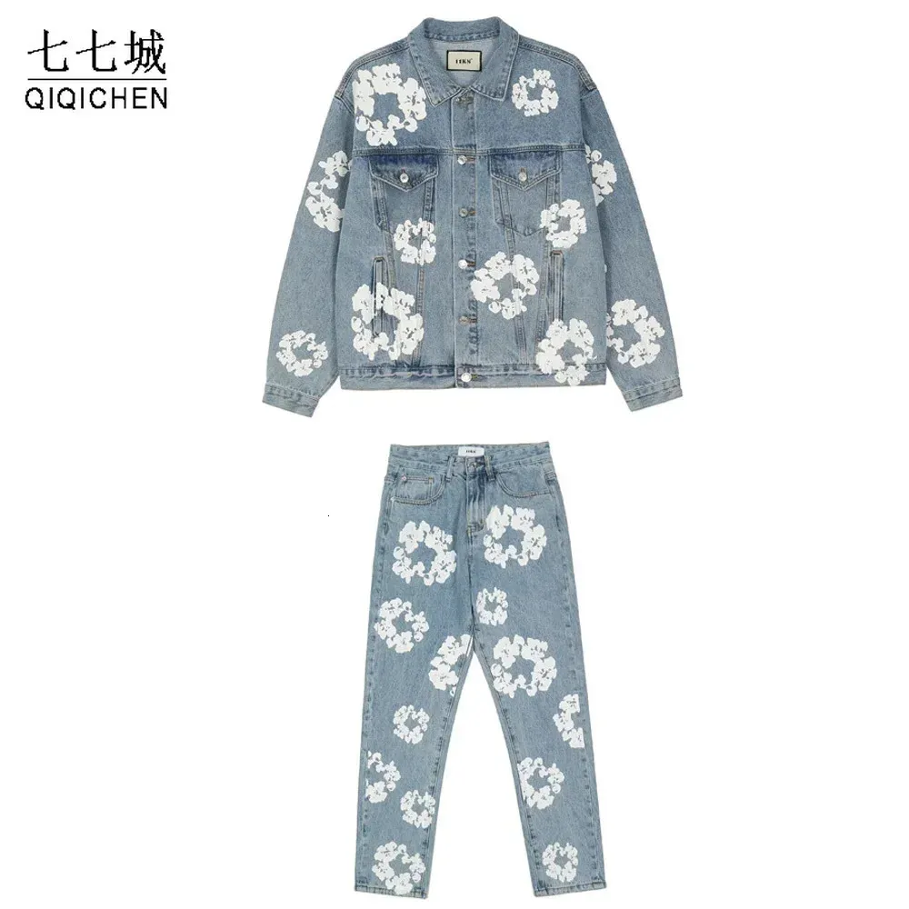 Denimjacka och jeans Set män Flower Graffiti High Street Autumn Street Loose Coat Straight Pant Casual Vintage Washed Suit 231228