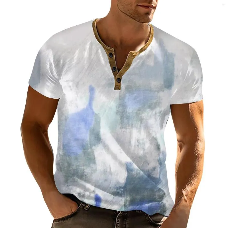 Men's T-skjortor 2024 Summer T-shirt Gradient Print Casual Daily Short Hermes Pullover Fashion Button V-Neck Outdoors Sport Top Hombre