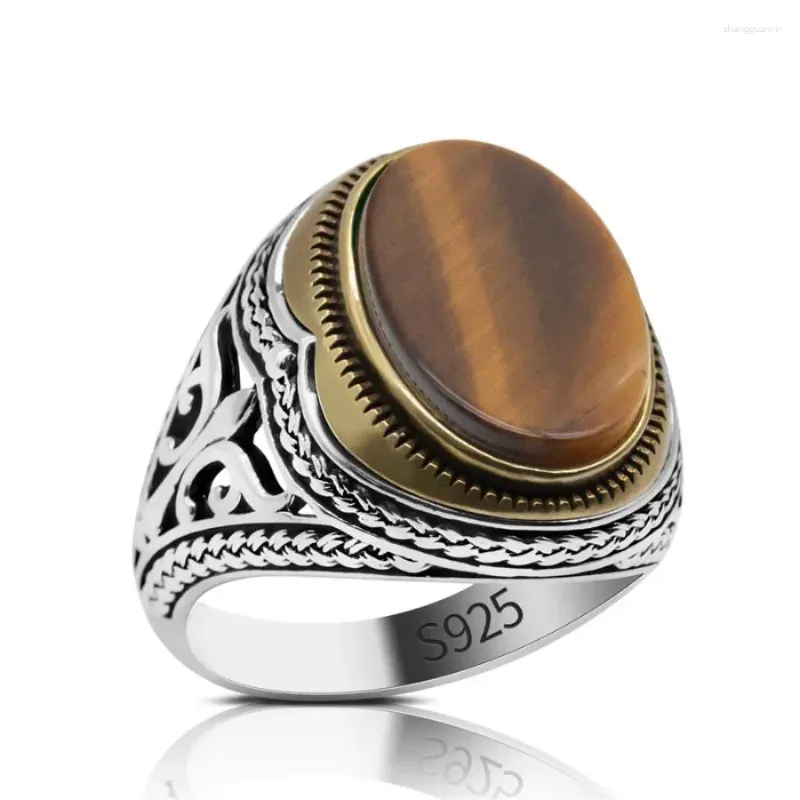 Bagues de cluster en gros Tiger Eye's Stone Turc Hommes Vintage Naturel Fait à la main Bague en argent sterling 925 S