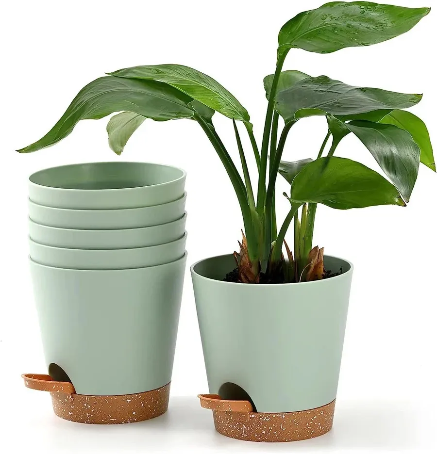 Pots à arrosage automatique de 5 pouces, 5 paquets, pour plantes d'intérieur, jardinière de fleurs avec trous de Drainage et corde à mèche, 231228