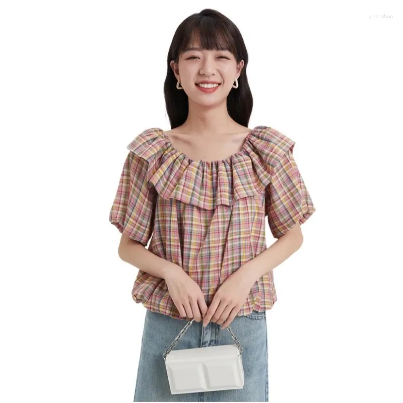 Kvinnor Bluses Japan Style Women Blus 2023 Summer Puff Sleeve Ruffled Neck Loose Shirts Plaid Bomull Ljus mjuka söta chic toppar